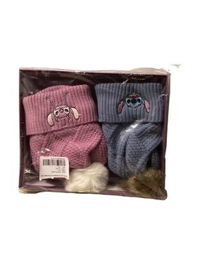 Disney Stitch Kids Pom Pom Beanie Hat Set 2 Pack Blue Pink